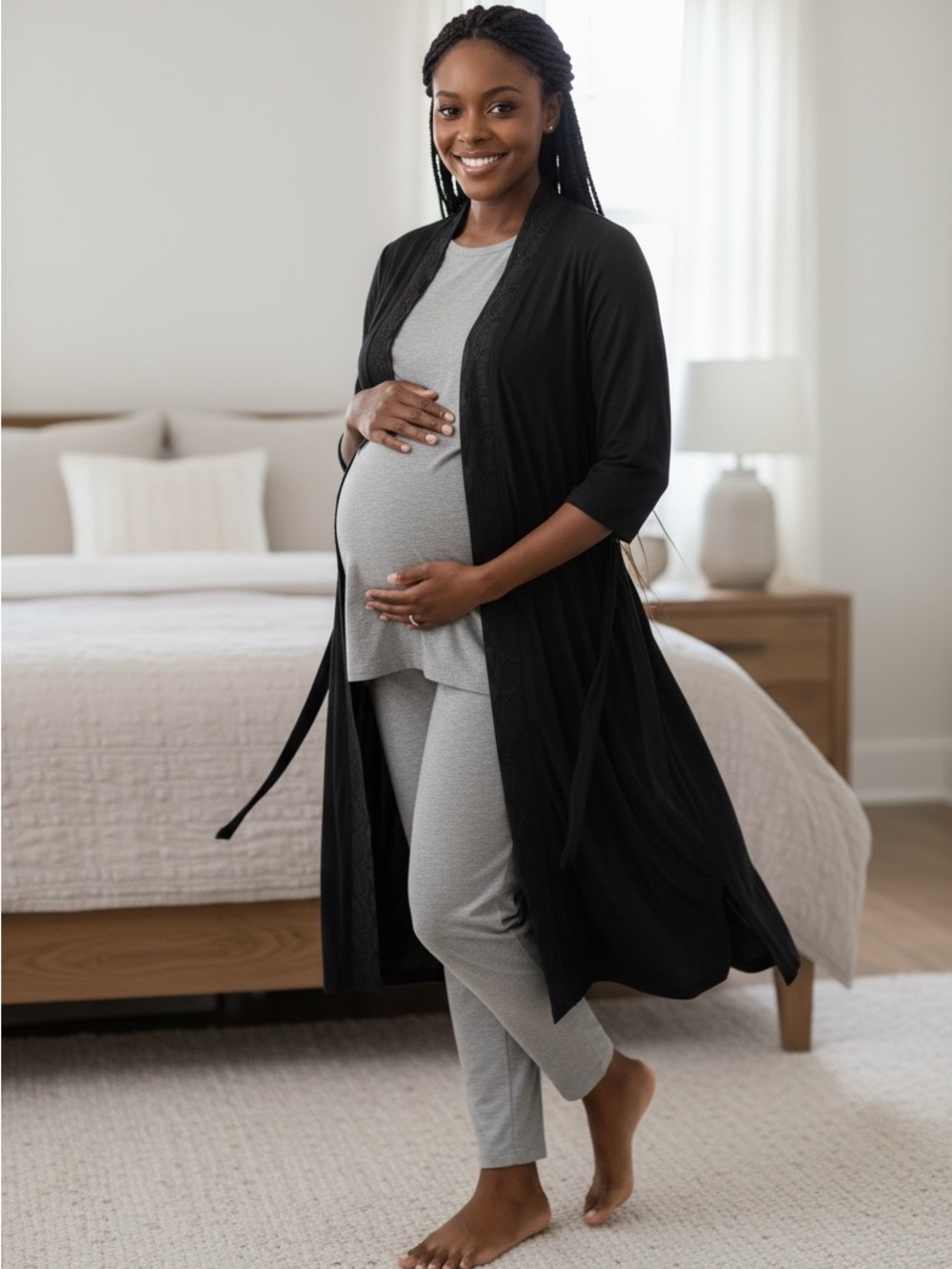 A Pea In The Pod Black Draped Maternity Robe with Belt Large Nursing